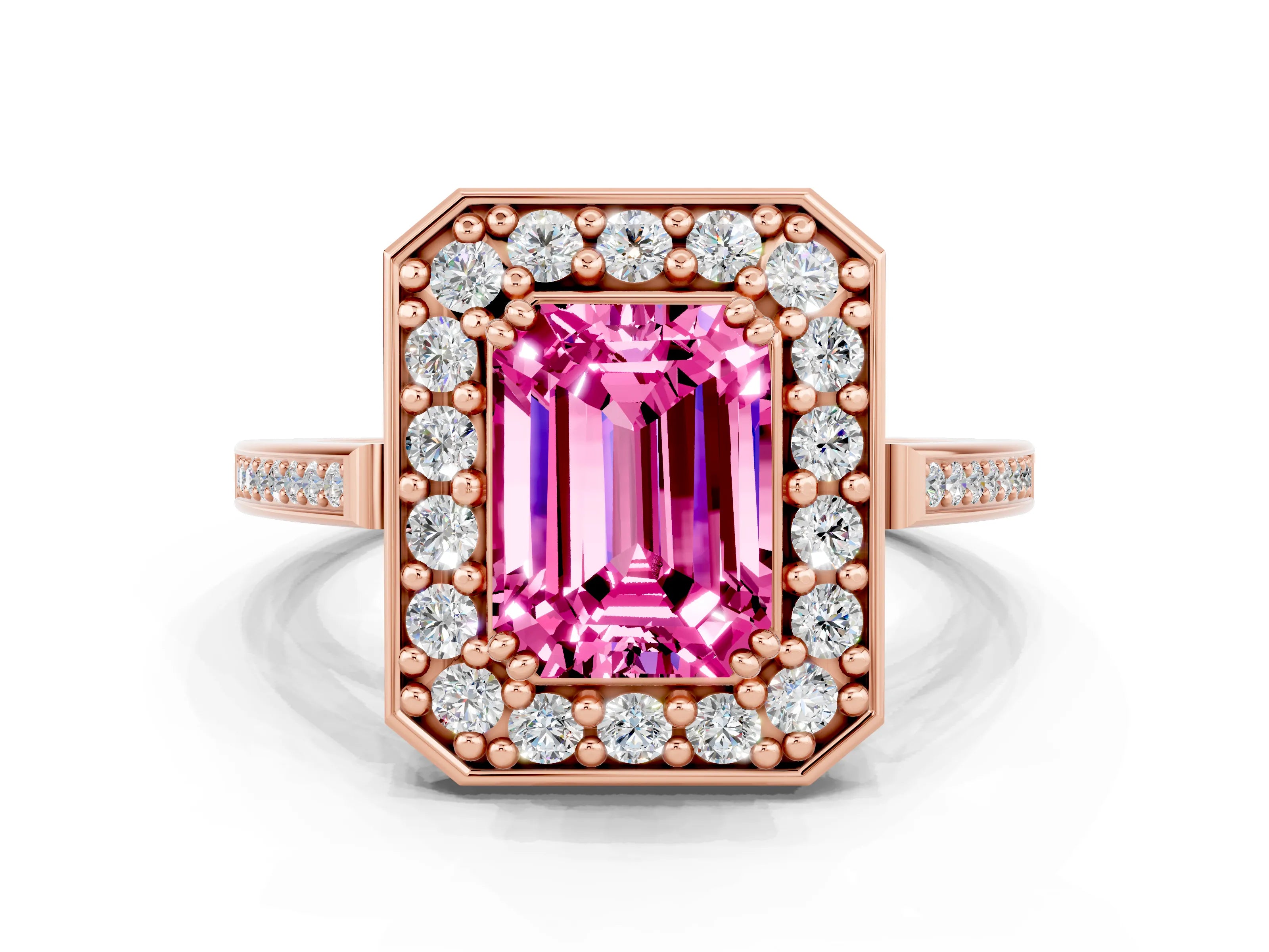Rose gold {shape_name} Pink Sapphire Halo Ring with Split Shank and Four-Prong Setting
