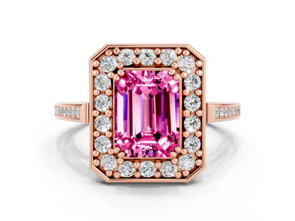 Rose gold Emerald Cut Pink Sapphire Halo Ring with Split Shank and Four-Prong Setting