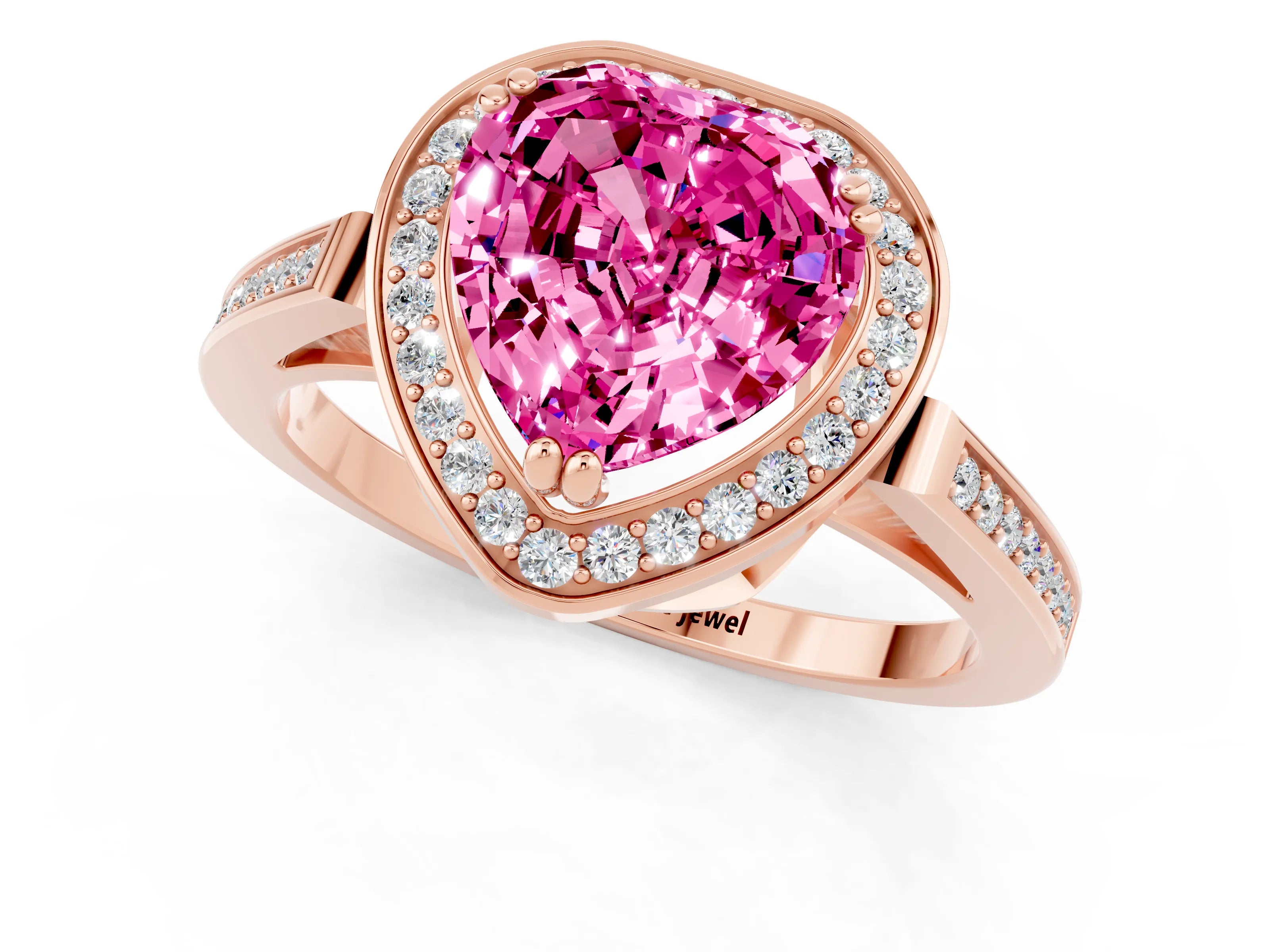 Rose gold {shape_name} Pink Sapphire Halo Ring with Split Shank and Four-Prong Setting_1