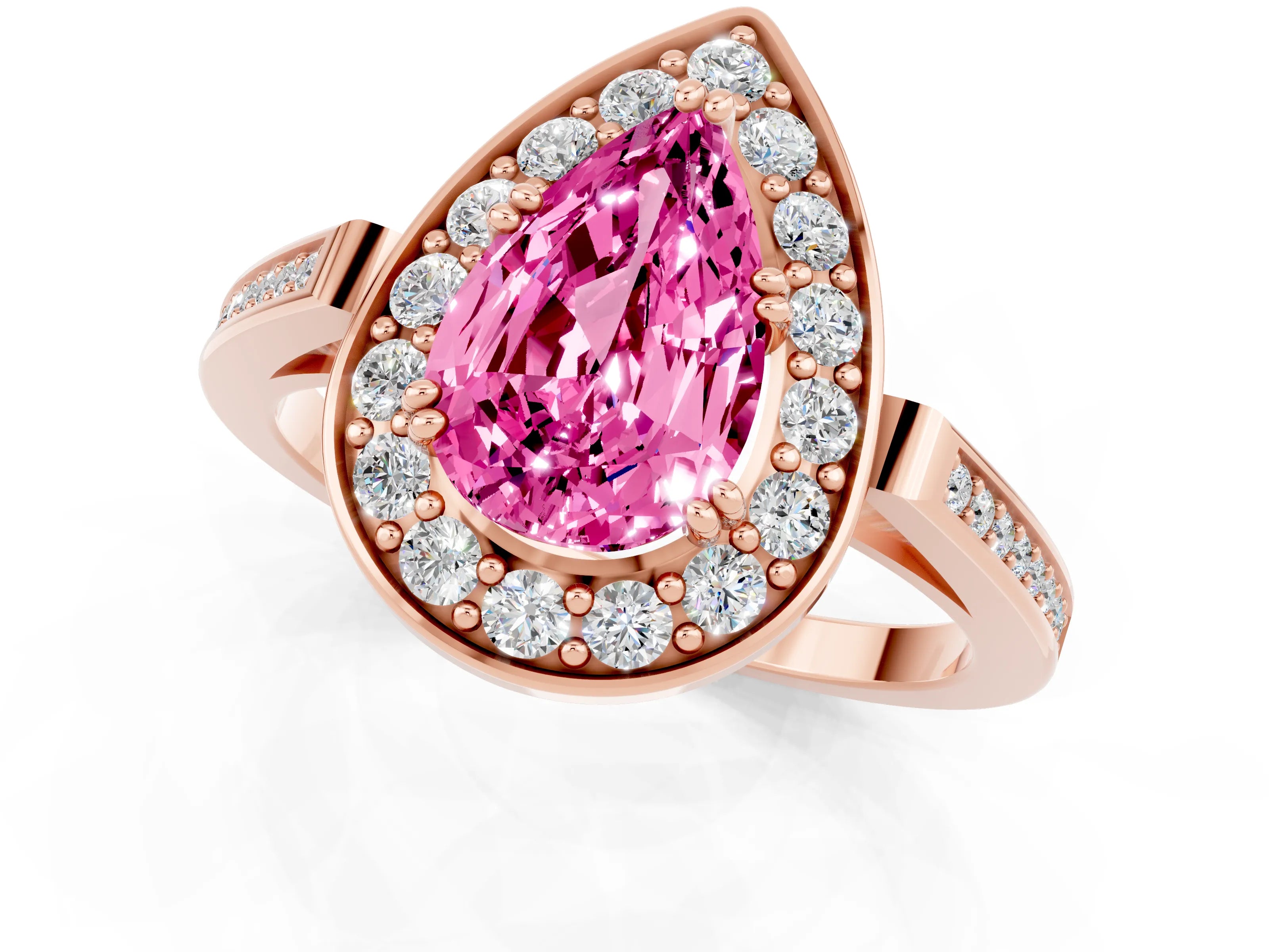 Rose gold {shape_name} Pink Sapphire Halo Ring with Split Shank and Four-Prong Setting_1