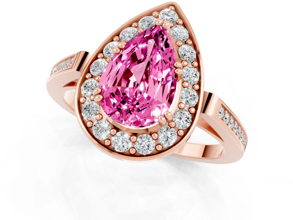 Rose gold Pear Cut Pink Sapphire Halo Ring with Split Shank and Four-Prong Setting