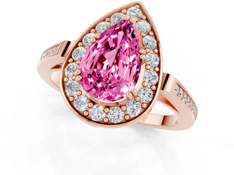Rose gold {shape_name} Pink Sapphire Halo Ring with Split Shank and Four-Prong Setting_1