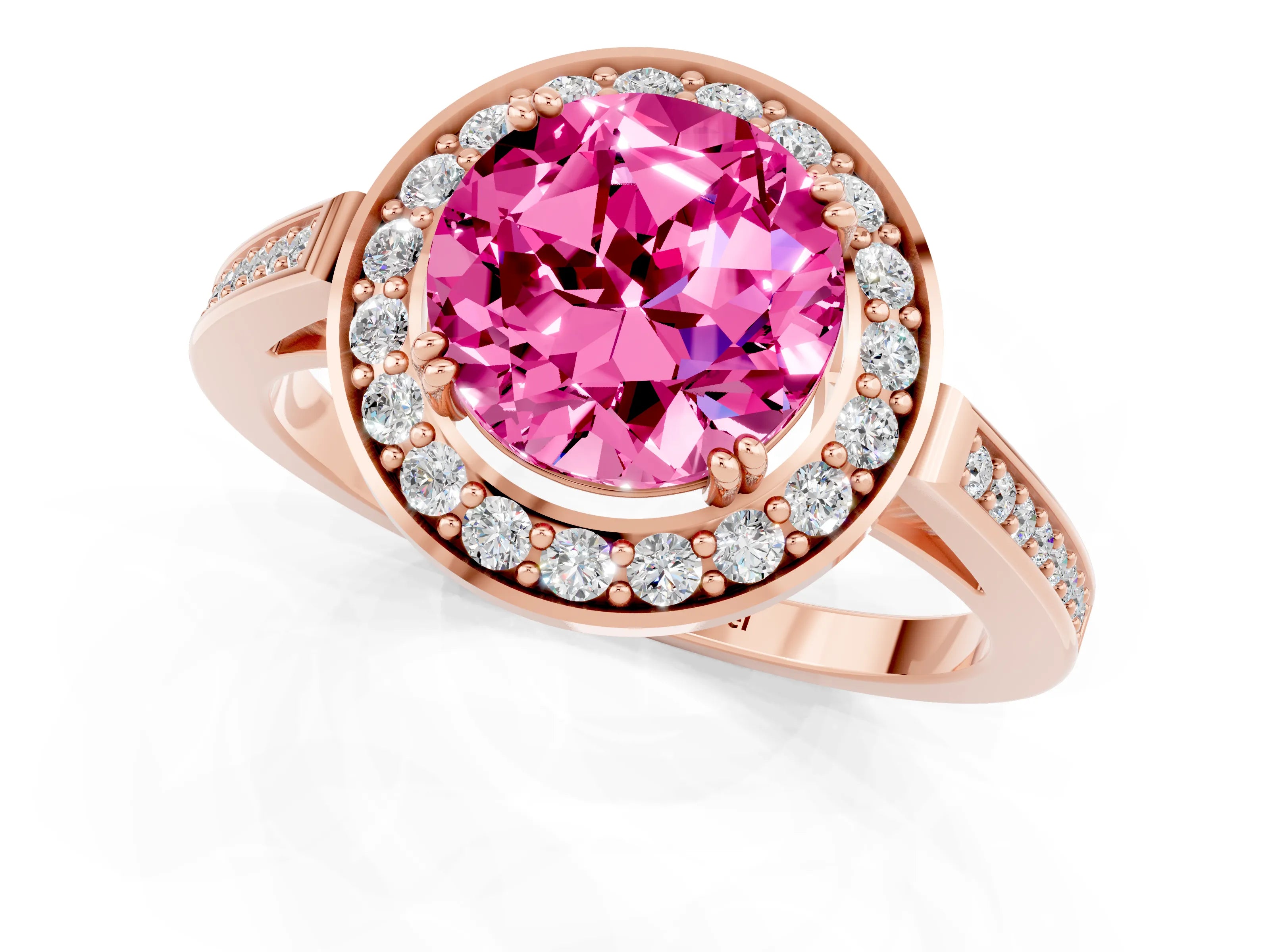 Rose gold {shape_name} Pink Sapphire Halo Ring with Split Shank and Four-Prong Setting_1