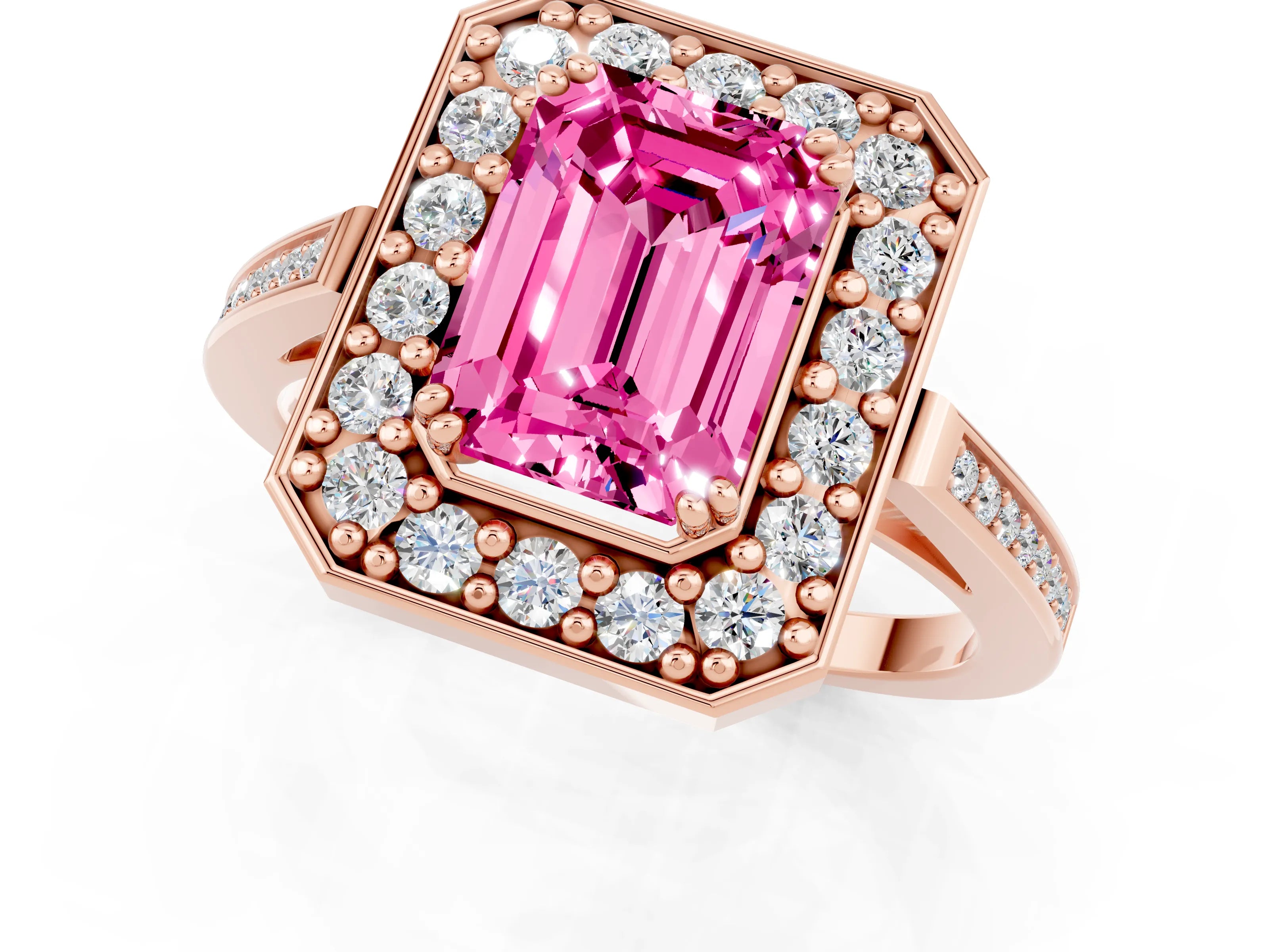 Rose gold {shape_name} Pink Sapphire Halo Ring with Split Shank and Four-Prong Setting_1