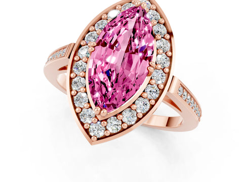 Rose gold {shape_name} Pink Sapphire Halo Ring with Split Shank and Four-Prong Setting_1