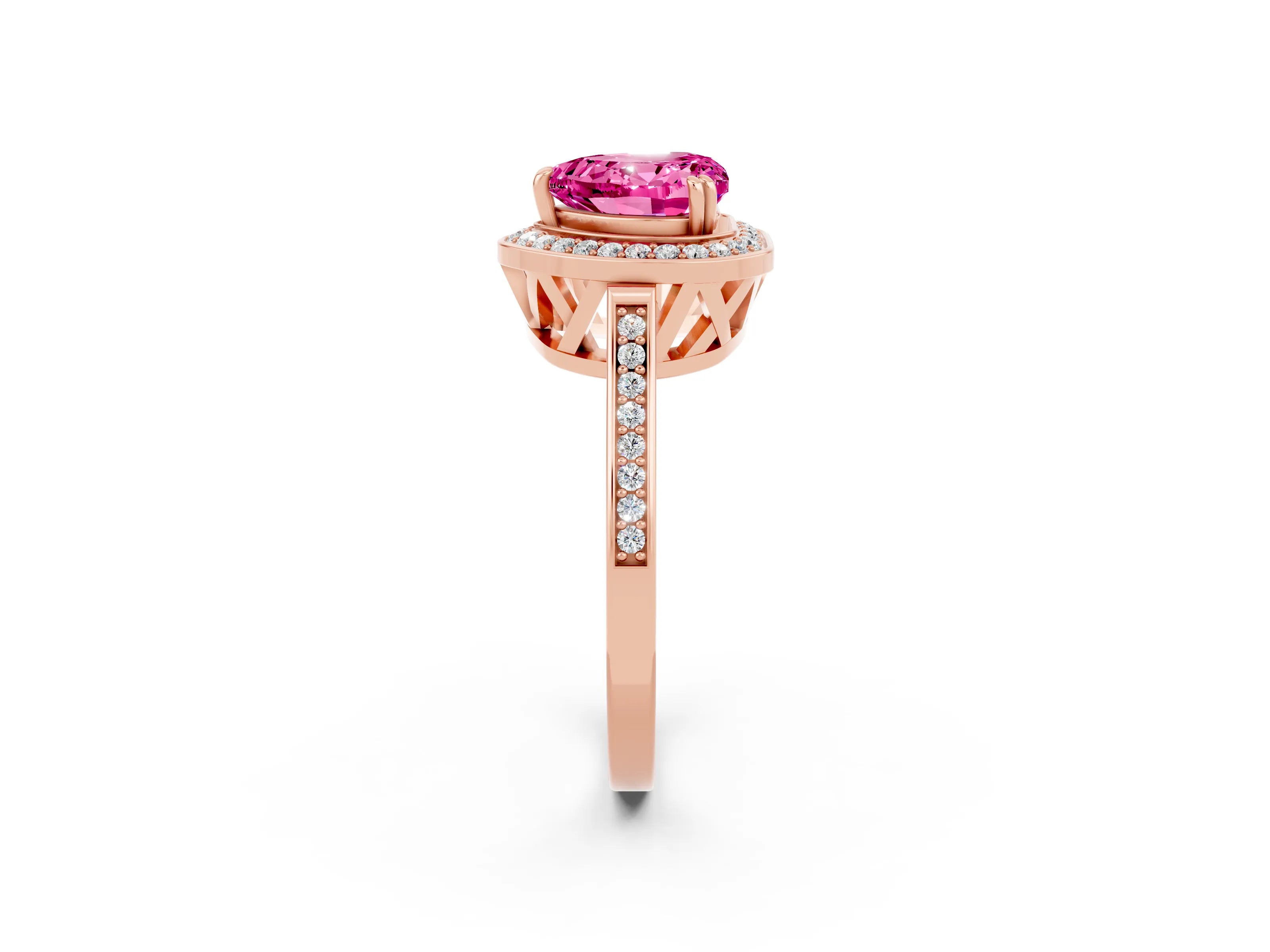 Rose gold {shape_name} Pink Sapphire Halo Ring with Split Shank and Four-Prong Setting_2