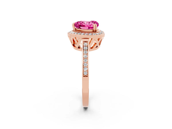Rose gold Heart Cut Pink Sapphire Halo Ring with Split Shank and Four-Prong Setting