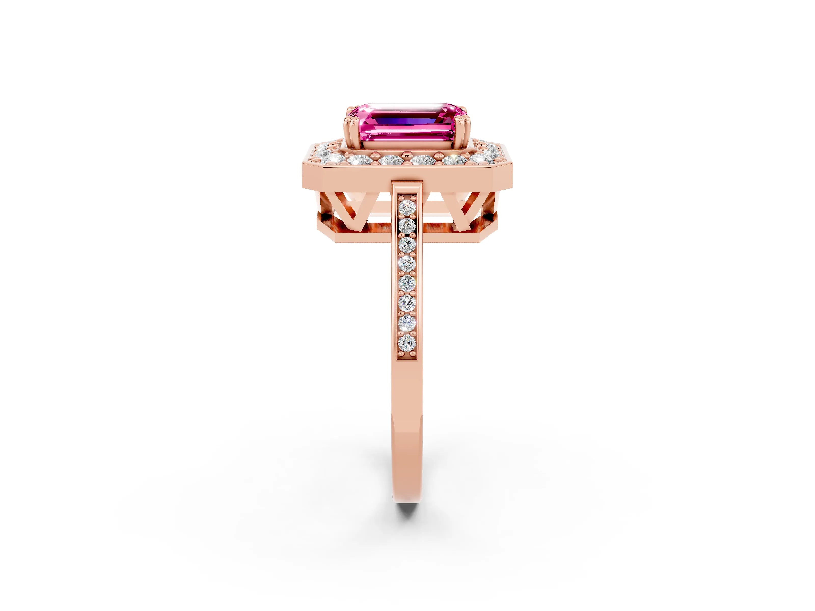 Rose gold {shape_name} Pink Sapphire Halo Ring with Split Shank and Four-Prong Setting_2