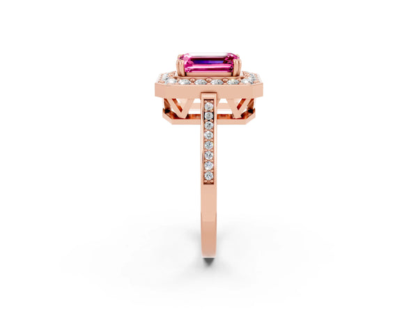 Rose gold Emerald Cut Pink Sapphire Halo Ring with Split Shank and Four-Prong Setting