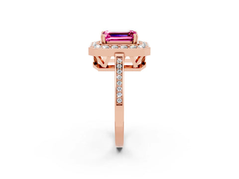 Rose gold {shape_name} Pink Sapphire Halo Ring with Split Shank and Four-Prong Setting_2