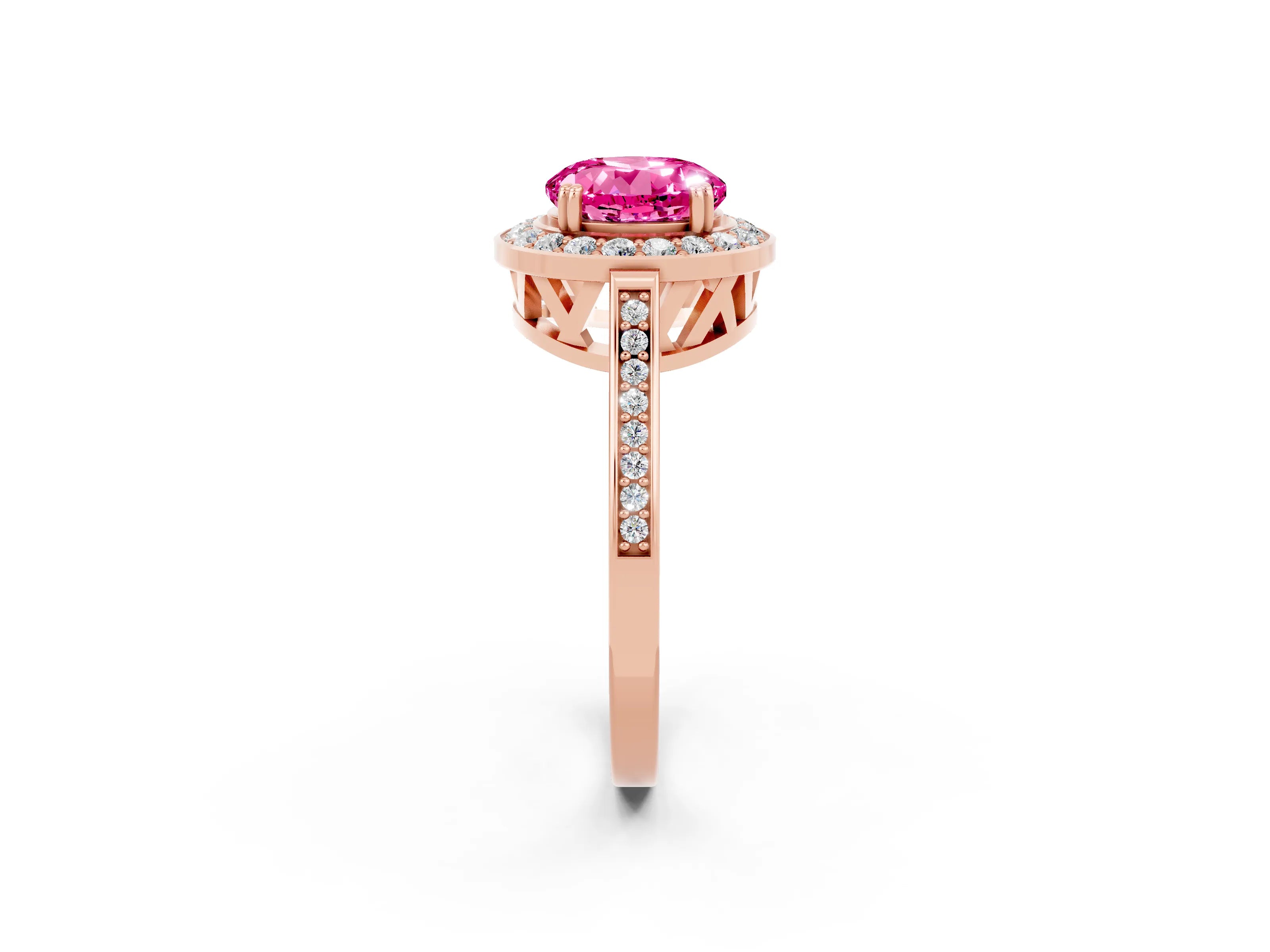 Rose gold {shape_name} Pink Sapphire Halo Ring with Split Shank and Four-Prong Setting_2