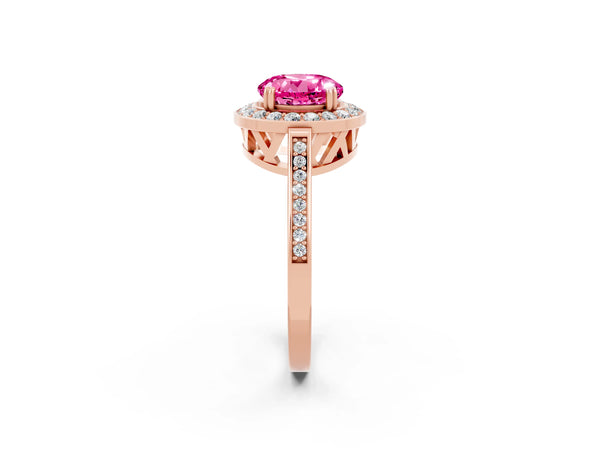 Rose gold Round Cut Pink Sapphire Halo Ring with Split Shank and Four-Prong Setting