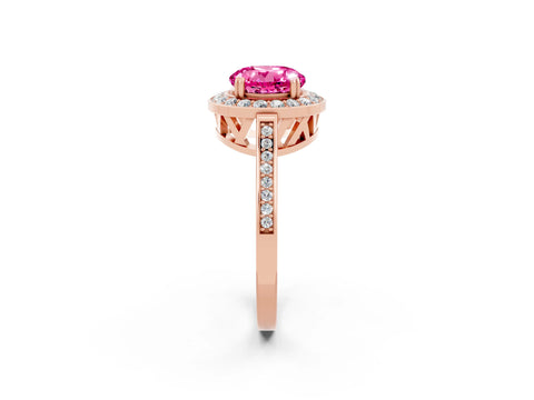 Rose gold {shape_name} Pink Sapphire Halo Ring with Split Shank and Four-Prong Setting_2