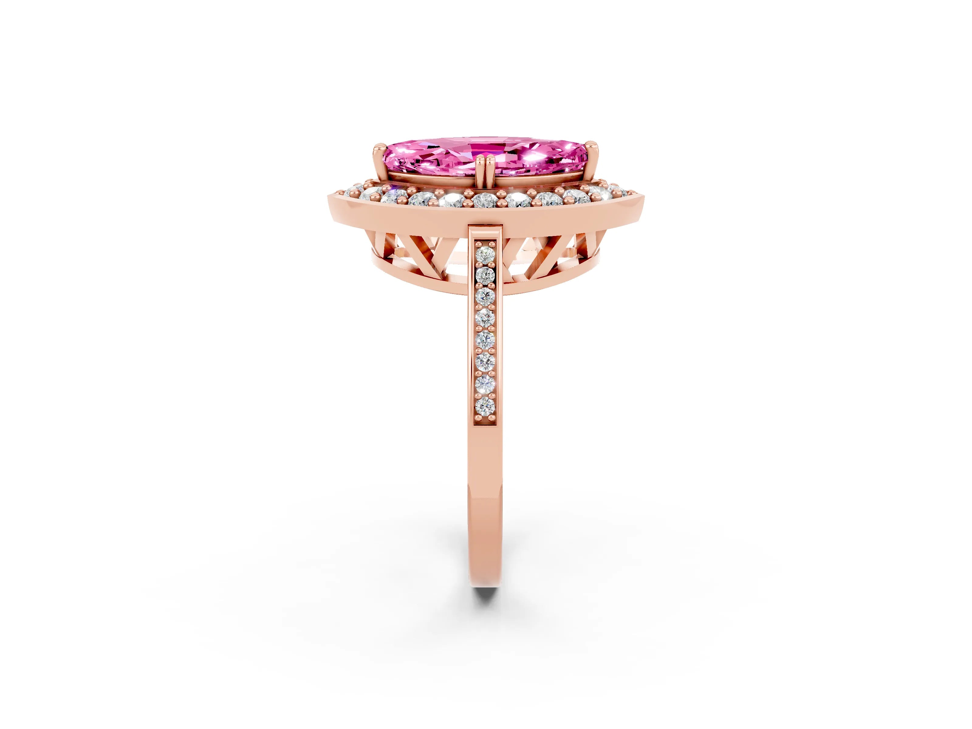 Rose gold {shape_name} Pink Sapphire Halo Ring with Split Shank and Four-Prong Setting_2