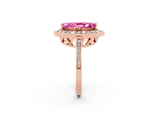 Rose gold Marquise Cut Pink Sapphire Halo Ring with Split Shank and Four-Prong Setting