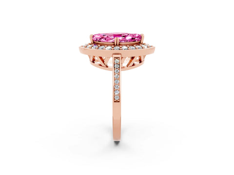 Rose gold {shape_name} Pink Sapphire Halo Ring with Split Shank and Four-Prong Setting_2