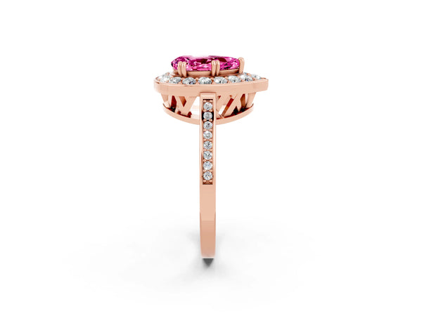 Rose gold Pear Cut Pink Sapphire Halo Ring with Split Shank and Four-Prong Setting