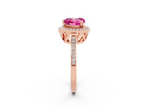 Rose gold {shape_name} Pink Sapphire Halo Ring with Split Shank and Four-Prong Setting_2