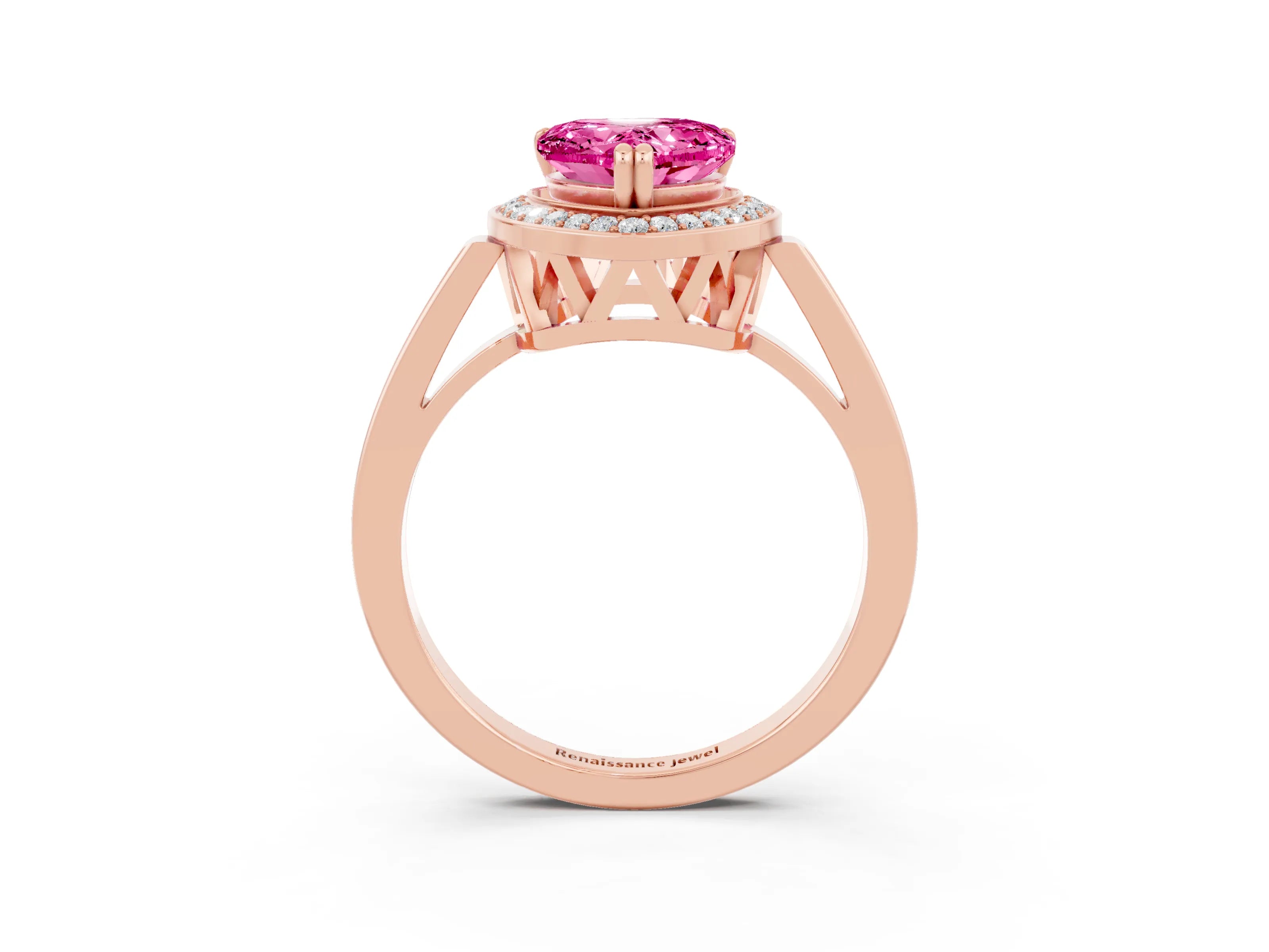 Rose gold {shape_name} Pink Sapphire Halo Ring with Split Shank and Four-Prong Setting_3