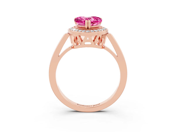 Rose gold Heart Cut Pink Sapphire Halo Ring with Split Shank and Four-Prong Setting