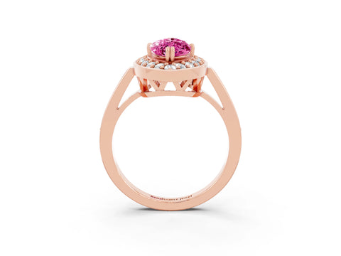 Rose gold {shape_name} Pink Sapphire Halo Ring with Split Shank and Four-Prong Setting_3