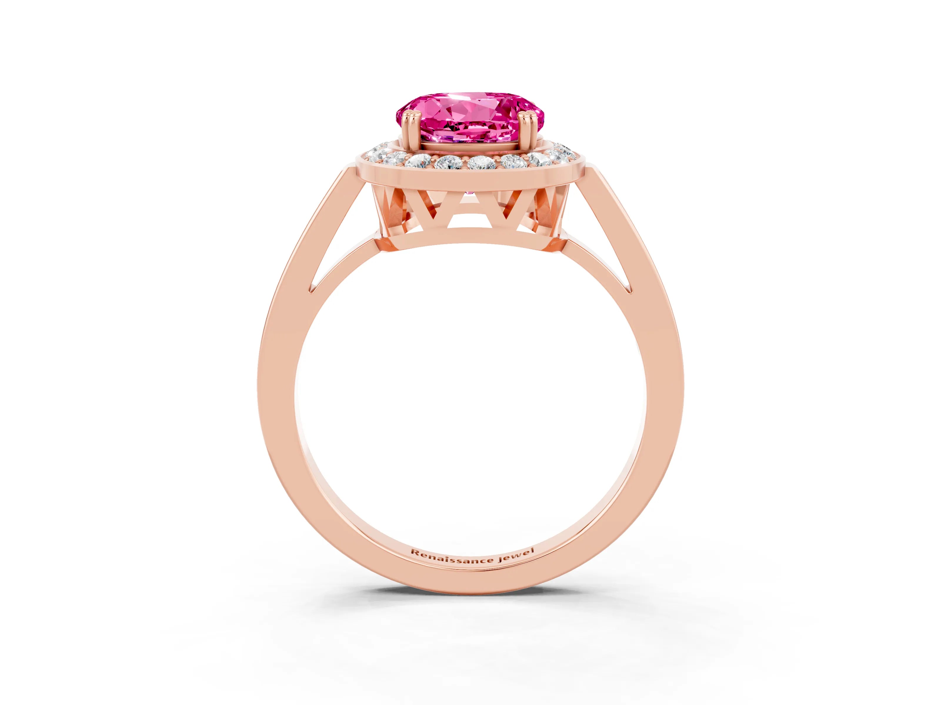 Rose gold {shape_name} Pink Sapphire Halo Ring with Split Shank and Four-Prong Setting_3