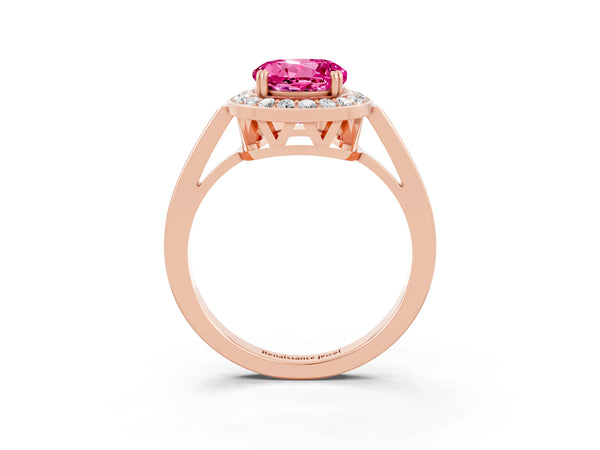 Rose gold Round Cut Pink Sapphire Halo Ring with Split Shank and Four-Prong Setting