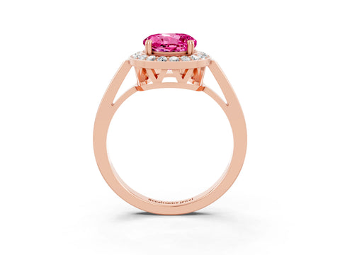 Rose gold {shape_name} Pink Sapphire Halo Ring with Split Shank and Four-Prong Setting_3
