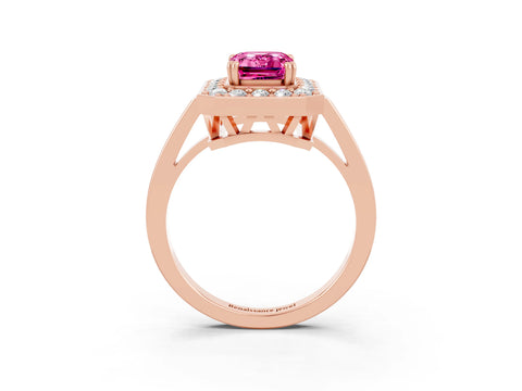 Rose gold {shape_name} Pink Sapphire Halo Ring with Split Shank and Four-Prong Setting_3