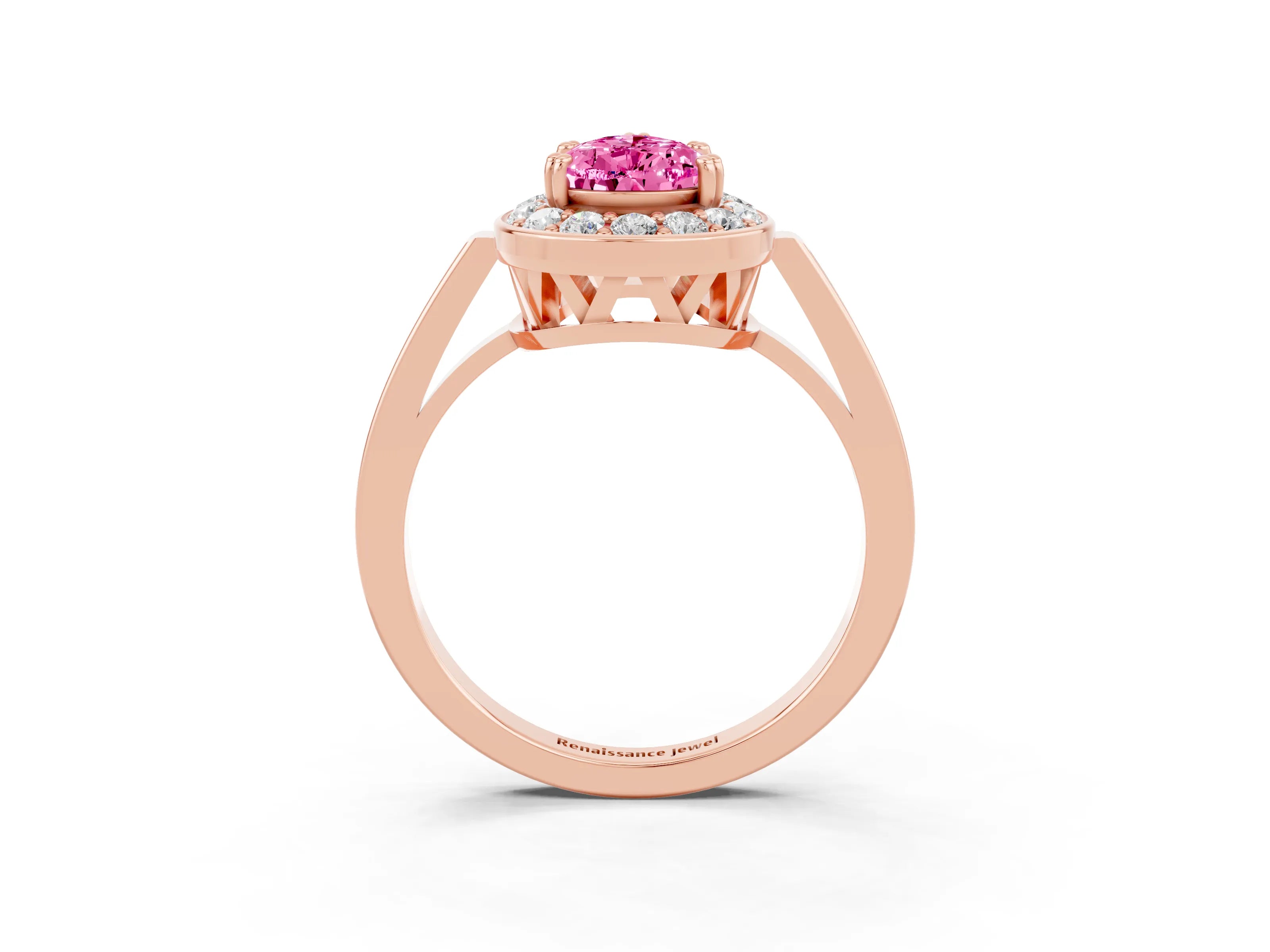 Rose gold {shape_name} Pink Sapphire Halo Ring with Split Shank and Four-Prong Setting_3