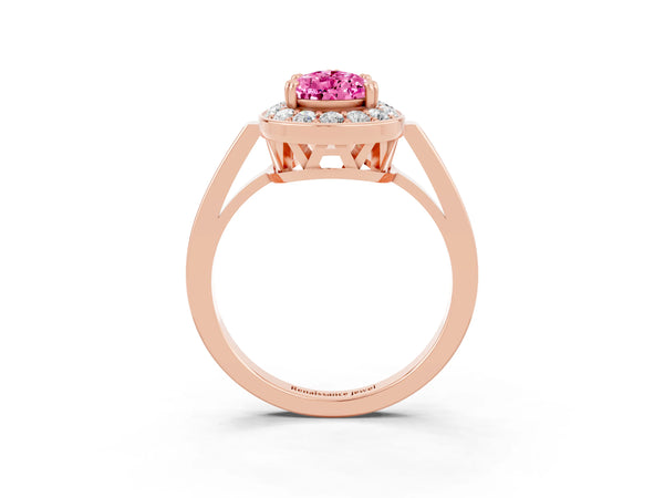 Rose gold Pear Cut Pink Sapphire Halo Ring with Split Shank and Four-Prong Setting