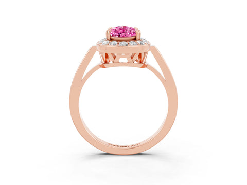 Rose gold {shape_name} Pink Sapphire Halo Ring with Split Shank and Four-Prong Setting_3