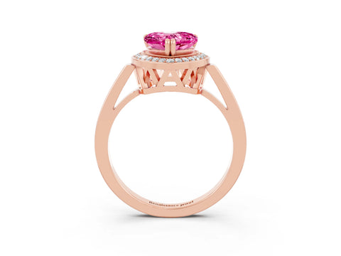 Rose gold {shape_name} Pink Sapphire Halo Ring with Split Shank and Four-Prong Setting_3
