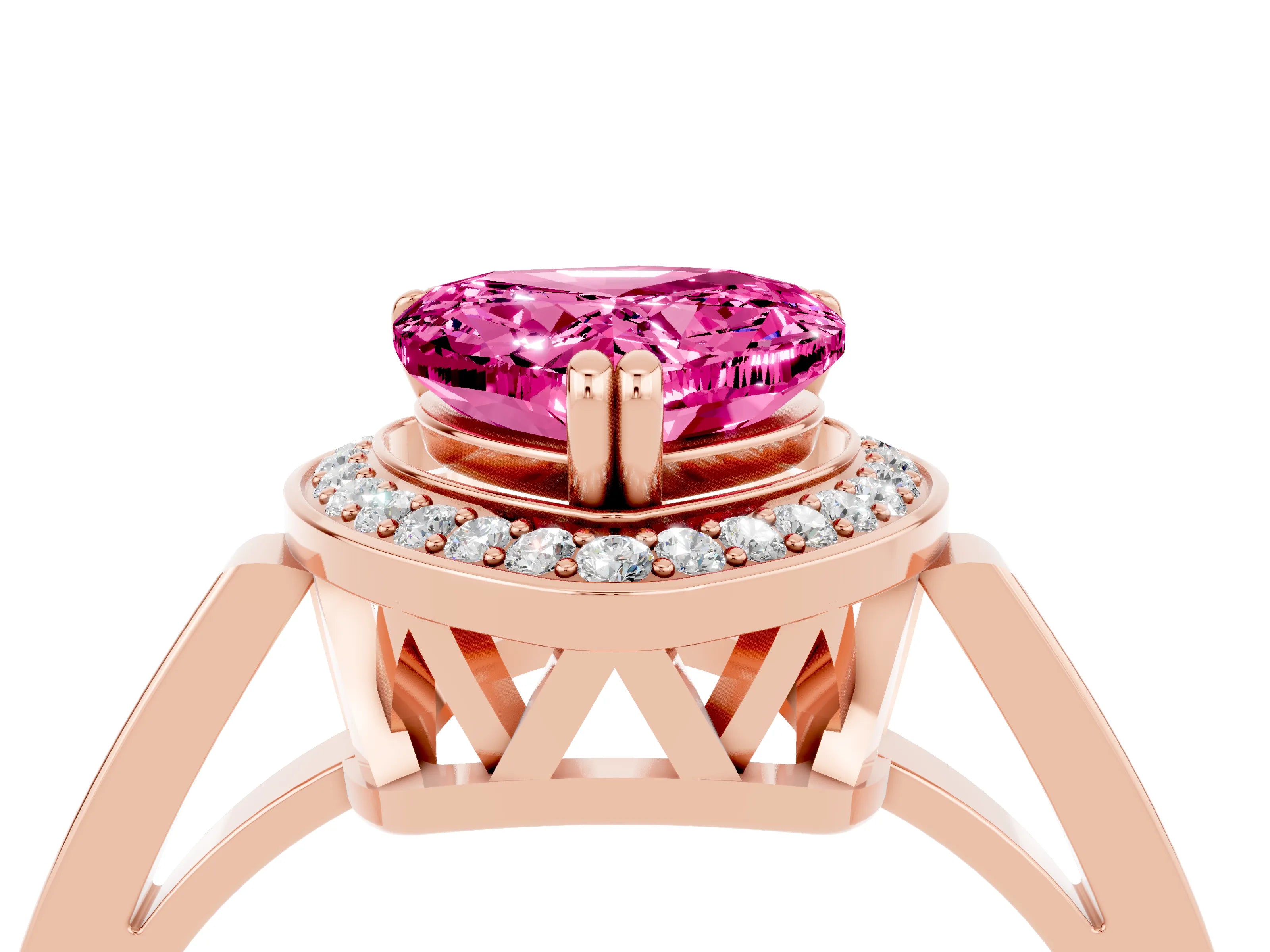 Rose gold {shape_name} Pink Sapphire Halo Ring with Split Shank and Four-Prong Setting_4