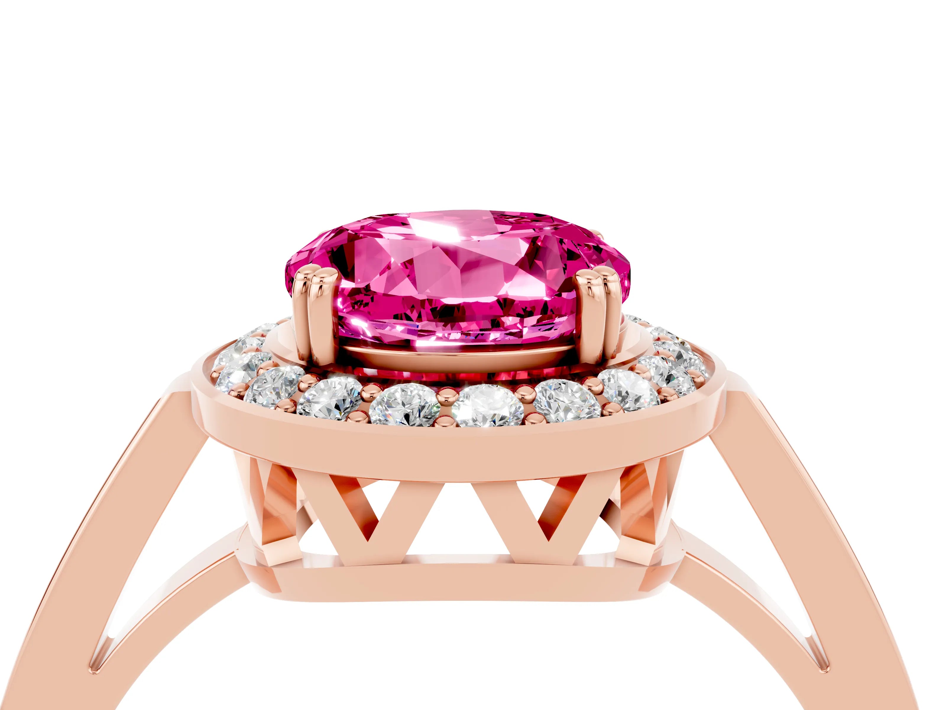 Rose gold {shape_name} Pink Sapphire Halo Ring with Split Shank and Four-Prong Setting_4