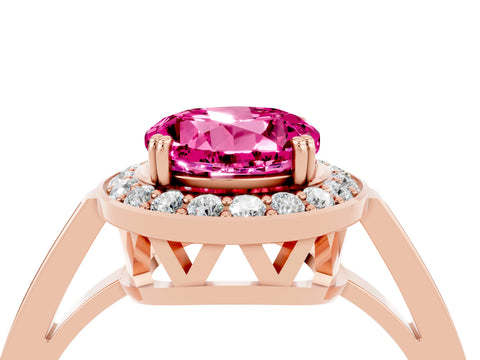 Rose gold {shape_name} Pink Sapphire Halo Ring with Split Shank and Four-Prong Setting_4