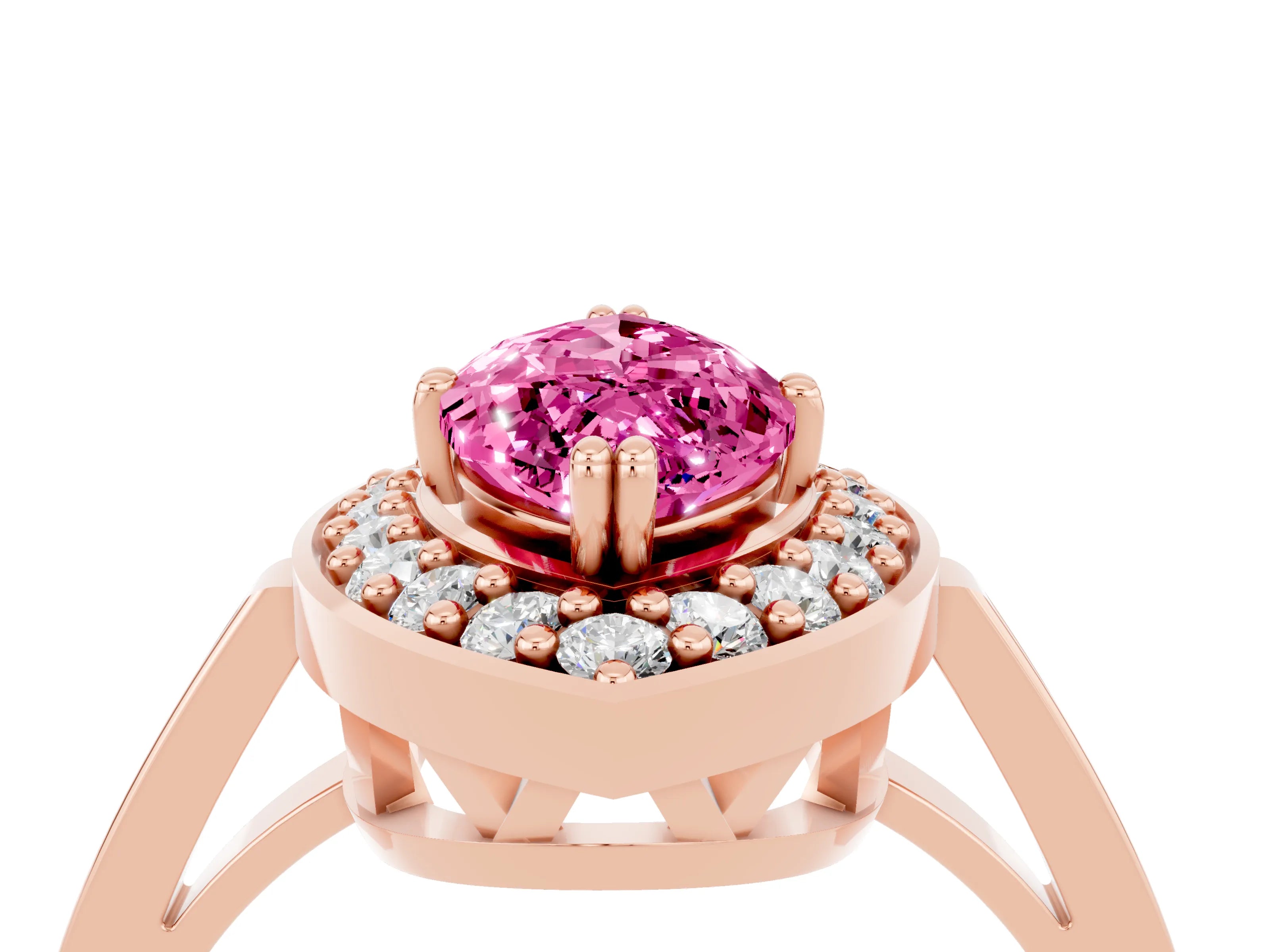 Rose gold {shape_name} Pink Sapphire Halo Ring with Split Shank and Four-Prong Setting_4