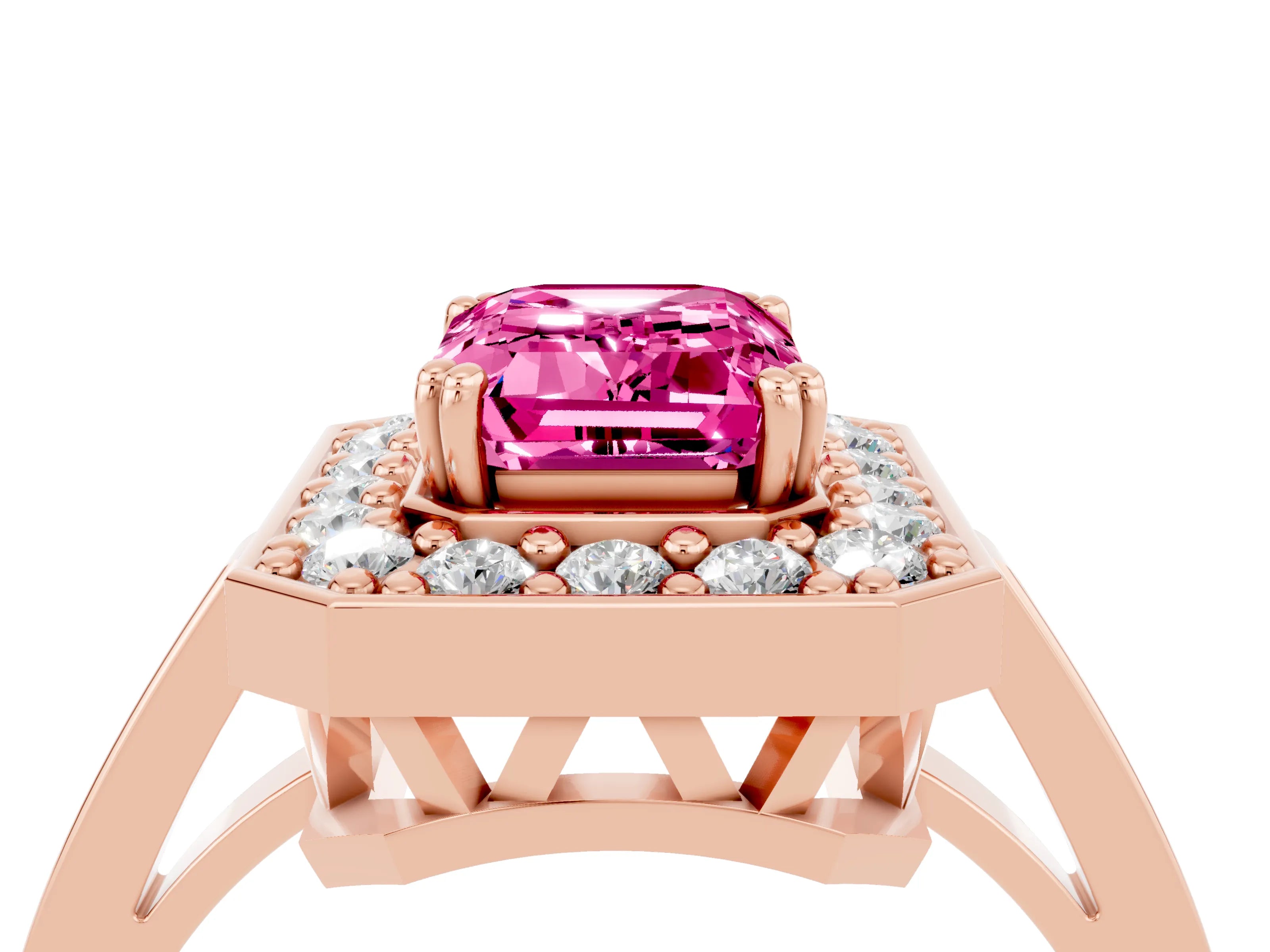 Rose gold {shape_name} Pink Sapphire Halo Ring with Split Shank and Four-Prong Setting_4