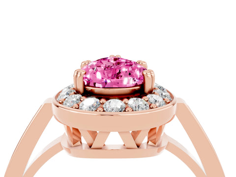 Rose gold {shape_name} Pink Sapphire Halo Ring with Split Shank and Four-Prong Setting_4