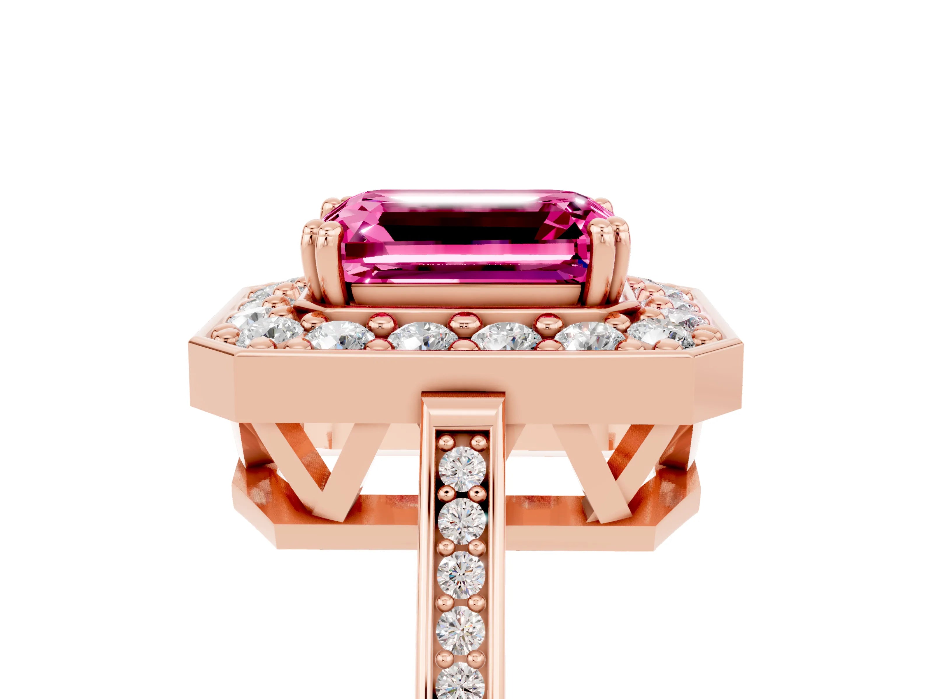 Rose gold {shape_name} Pink Sapphire Halo Ring with Split Shank and Four-Prong Setting_5