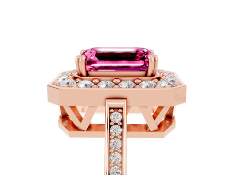 Rose gold {shape_name} Pink Sapphire Halo Ring with Split Shank and Four-Prong Setting_5