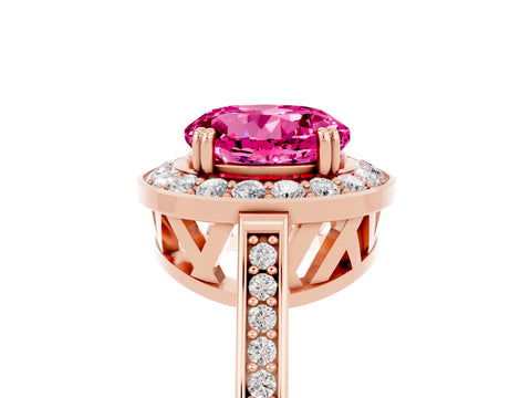 Rose gold {shape_name} Pink Sapphire Halo Ring with Split Shank and Four-Prong Setting_5