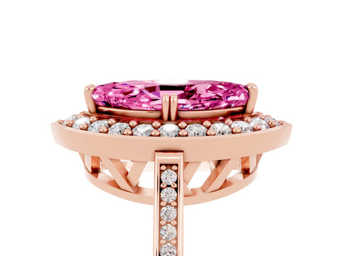 Rose gold {shape_name} Pink Sapphire Halo Ring with Split Shank and Four-Prong Setting_5