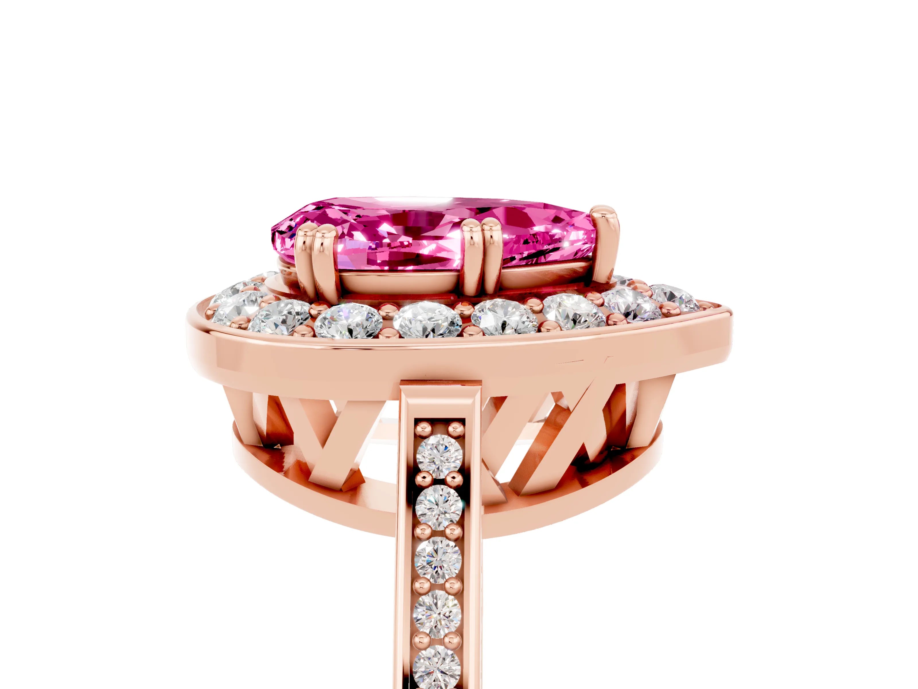Rose gold {shape_name} Pink Sapphire Halo Ring with Split Shank and Four-Prong Setting_5