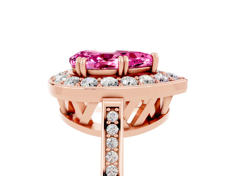 Rose gold {shape_name} Pink Sapphire Halo Ring with Split Shank and Four-Prong Setting_5