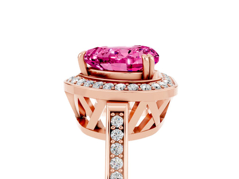 Rose gold {shape_name} Pink Sapphire Halo Ring with Split Shank and Four-Prong Setting_5