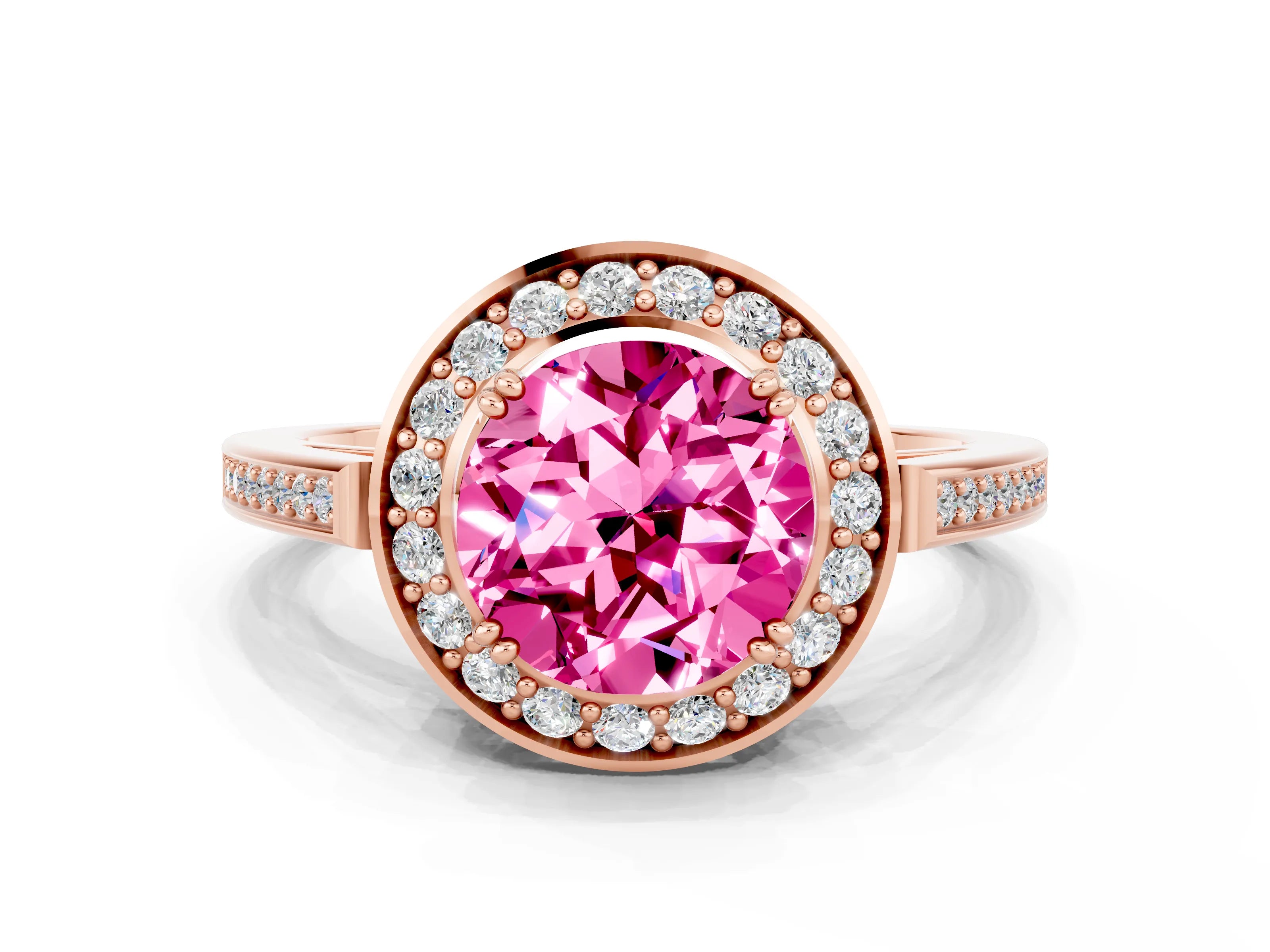 Rose gold {shape_name} Pink Sapphire Halo Ring with Split Shank and Four-Prong Setting