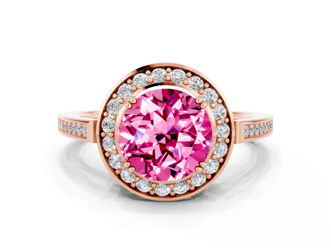 Rose gold {shape_name} Pink Sapphire Halo Ring with Split Shank and Four-Prong Setting