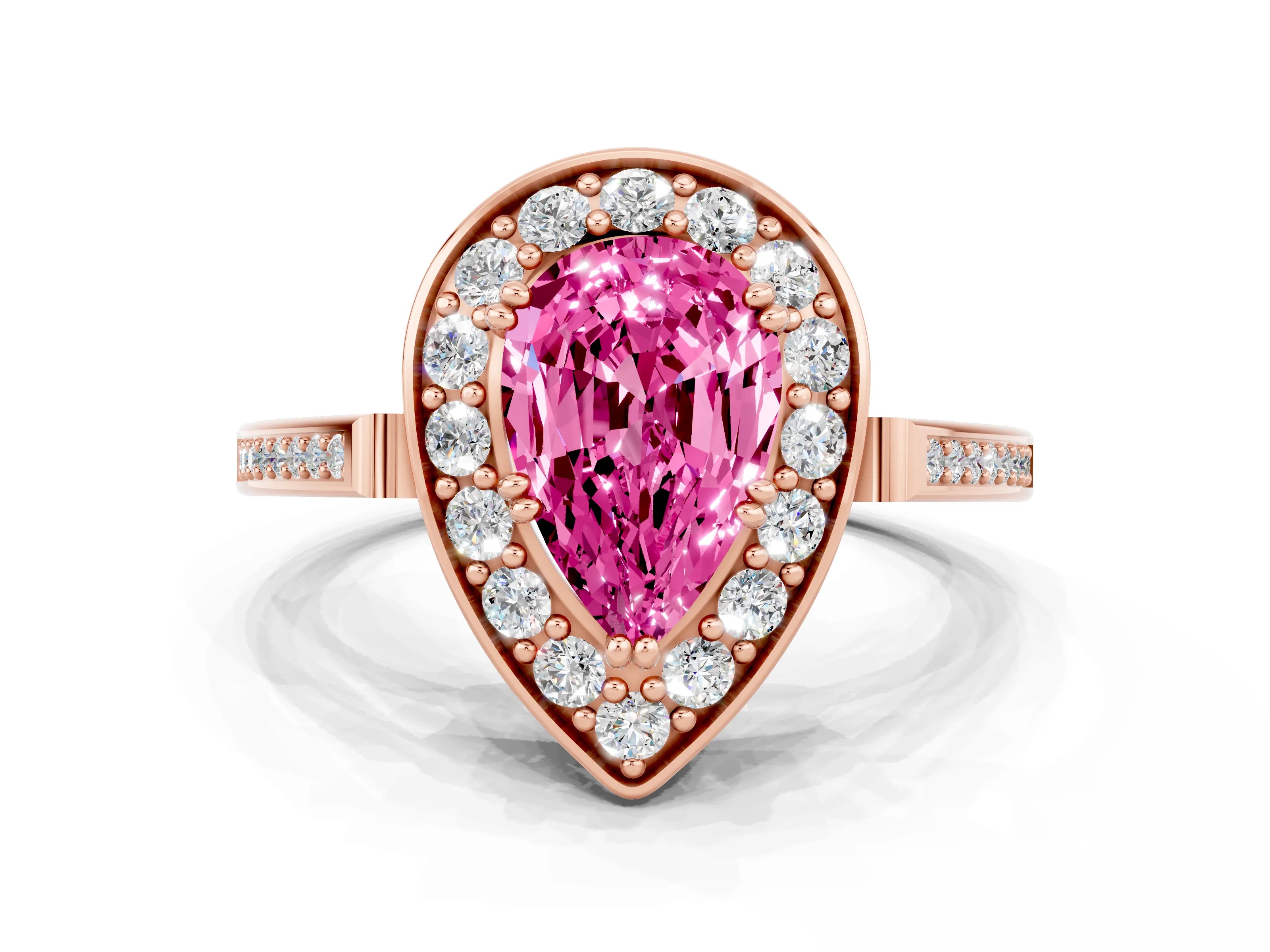 Rose gold {shape_name} Pink Sapphire Halo Ring with Split Shank and Four-Prong Setting