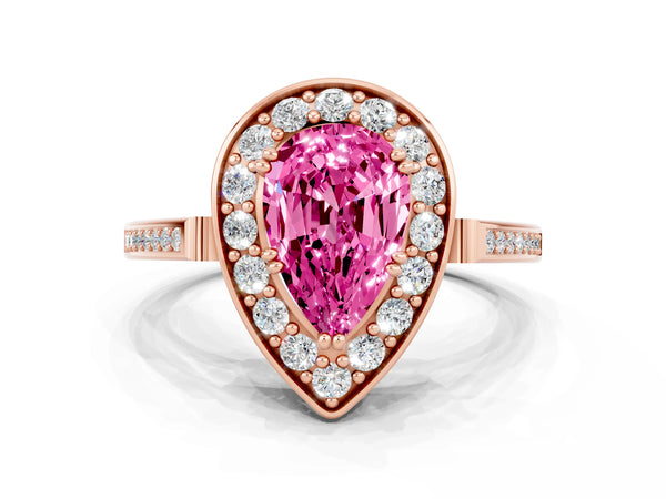 Rose gold Pear Cut Pink Sapphire Halo Ring with Split Shank and Four-Prong Setting